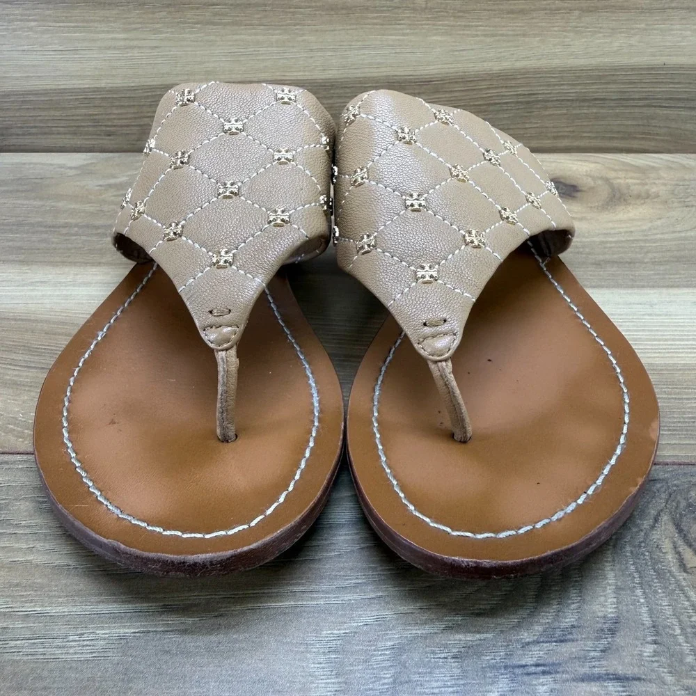 Tory Burch Quilted Mini Studded Sandals 7 M Camel Leather Vacation Travel Preppy